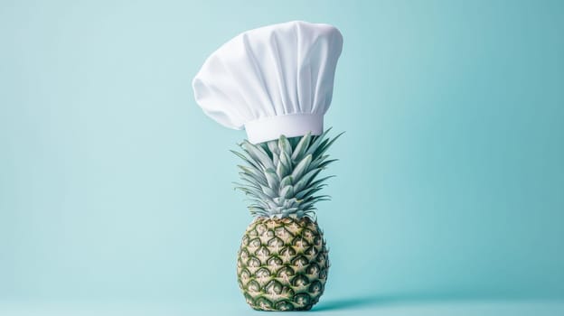 Pineapple wearing a chef's hat against blue background. Culinary creativity and humor concept.