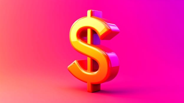 A glossy, three-dimensional dollar symbol stands prominently against a vibrant pink and purple gradient background, capturing attention with its bright colors and smooth finish.