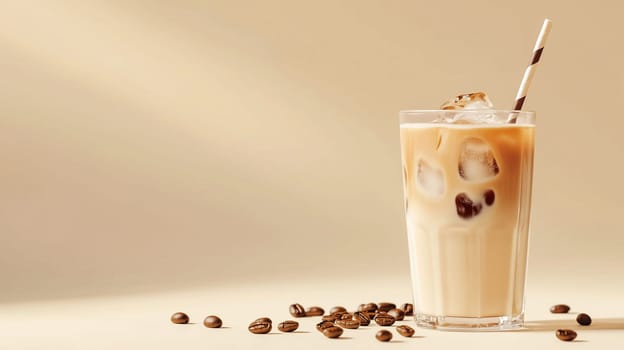 A tall glass filled with iced coffee showcases creamy layers, ice cubes, and decorative coffee beans scattered nearby against a soft, neutral backdrop.