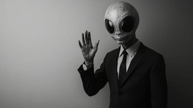 Alien in a suit waving, black and white photo. Sci-fi and business concept.