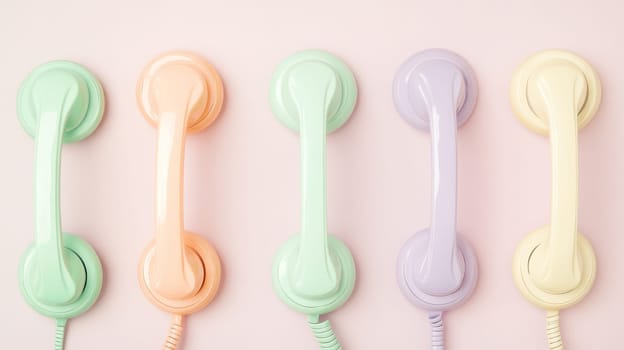 Retro telephones in pastel colors on light background.