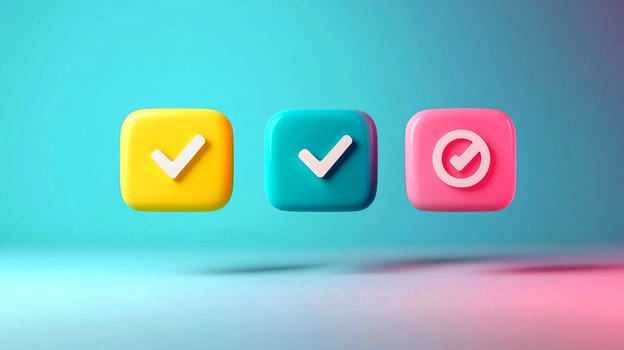 Three colorful buttons featuring checkmarks in yellow, teal, and pink stand prominently against a soft gradient background. The design evokes a sense of positivity and completion.