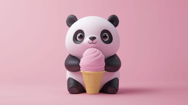 A cheerful panda figurine happily holds a cone with pink ice cream against a soft pink backdrop.