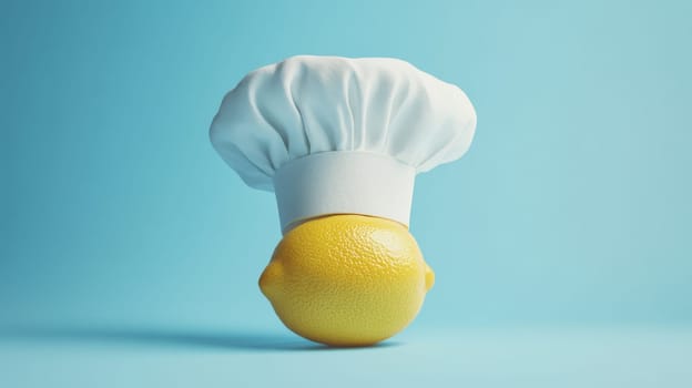 Lemon with chef's hat on blue background, creative kitchen concept.