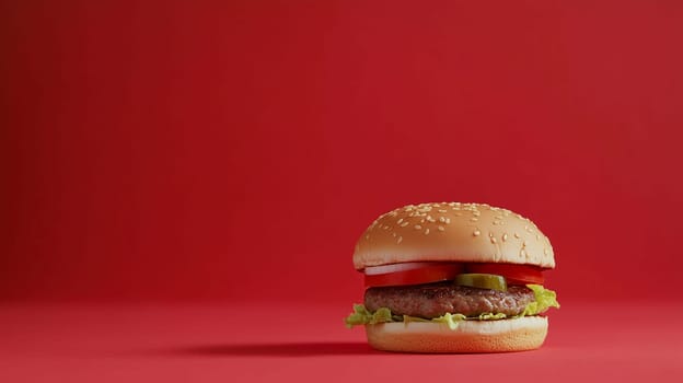 A sesame seed burger featuring a juicy patty, lettuce, tomato, and pickle stands out against a bright red backdrop.