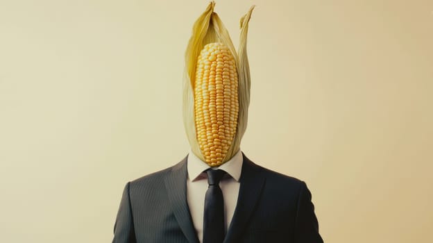 Man in business suit with corn cob head, surreal portrait. surrealism and creativity concept.