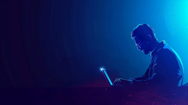 A young man focuses intently on his laptop late at night, surrounded by darkness with only the glow of the screen illuminating his thoughtful expression. The atmosphere is calm yet charged with creativity as he dives into his tasks.