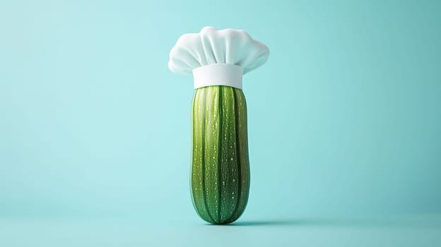 Zucchini wearing chef's hat on blue background, whimsical concept.