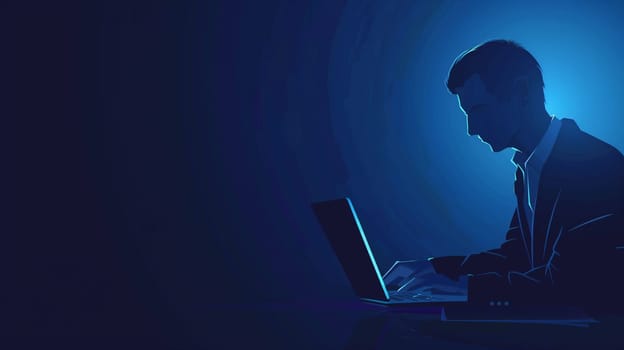 A focused business professional is typing on a laptop in a low-light environment, creating an atmosphere of concentration and productivity. The gentle glow from the screen subtly illuminates their silhouette, highlighting the dedication to their work during the late hours.