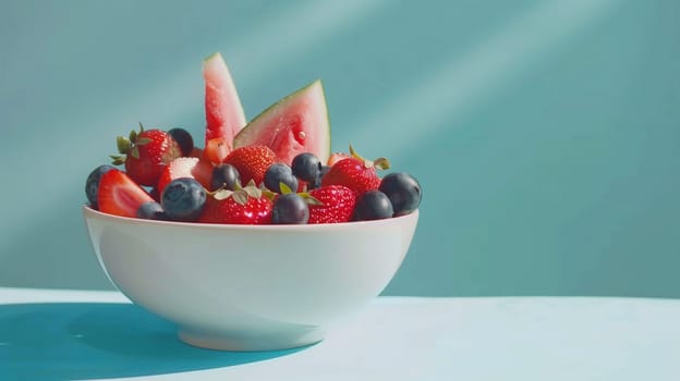 A bowl overflowing with fresh strawberries and pieces of watermelon sits against a light blue background, illuminated by sunlight. The colorful arrangement showcases the juicy fruits, perfect for summer snacking or healthy desserts.