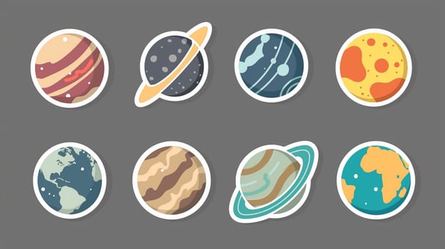 A collection of artistic representations of planets is displayed in a grid format. Each planet features unique colors and patterns, showcasing a creative interpretation of celestial bodies. The artwork invites viewers to appreciate the diversity and beauty of the solar system.