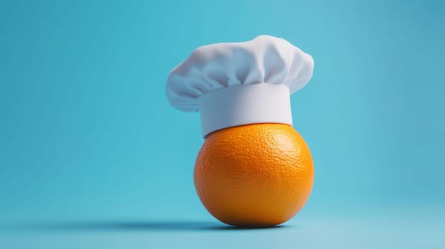 Orange wearing chef's hat on blue background.