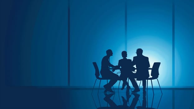 Three silhouettes engaged in a strategic discussion at a conference table in a modern office, illuminated by a soft blue light.