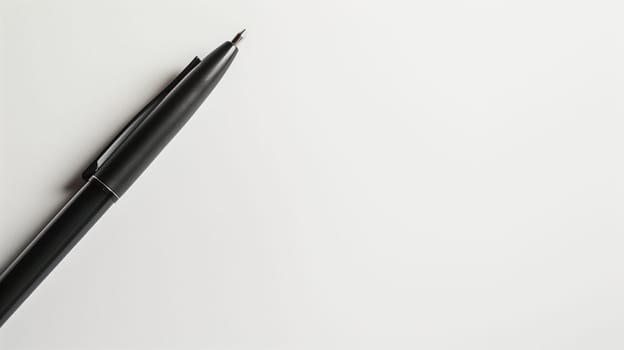 A sleek retractable ballpoint pen is elegantly positioned at an angle on a pristine white surface. The pen’s glossy finish reflects soft light, emphasizing its design. This composition creates a sense of simplicity and focus, perfect for showcasing writing tools in a minimalist context.