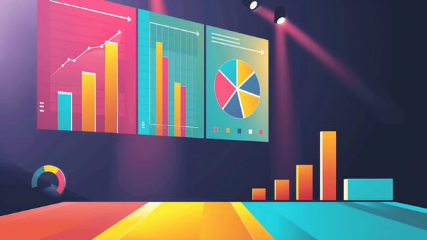 Brightly lit meeting area features colorful charts and graphs on display, illustrating data trends and insights.