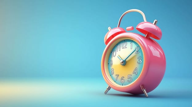 A bright pink alarm clock stands on a blue surface, displaying the time clearly. The clock features classic design elements with a vibrant color that adds a playful touch to any space.