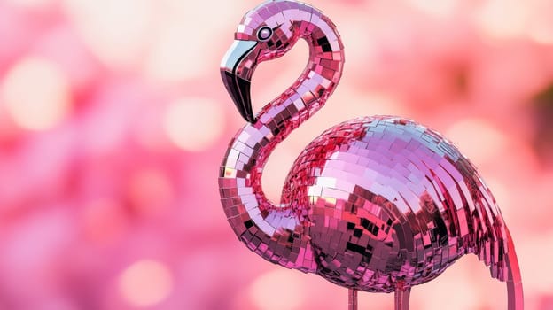 Pink disco ball flamingo with blurred pink background.