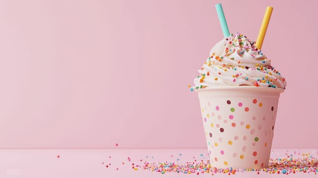 A cup filled with creamy ice cream topped with sprinkles and two colorful straws, set on a pink surface.