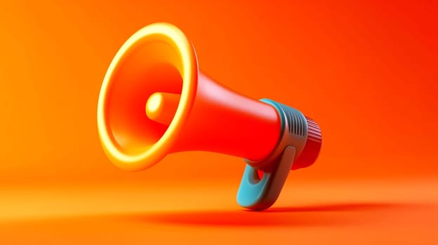 A vibrant orange megaphone stands against a bold, warm background. Its playful shape draws attention, highlighting a design meant for amplifying sound in a lively setting.