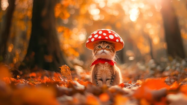 Cute kitten wearing mushroom hat in autumn forest, whimsical fantasy concept.