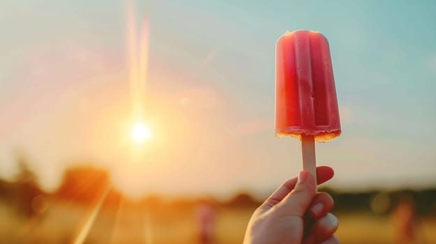 A person holds a vibrant, red popsicle high against the backdrop of a glowing sunset. The warm glow fills the sky, illuminating the park filled with people engaged in various activities. The atmosphere radiates joy and relaxation as summer unfolds.