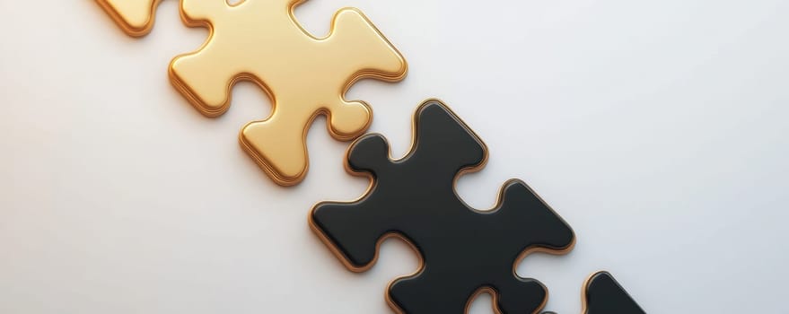 puzzle pieces in gold and black on a white surface.