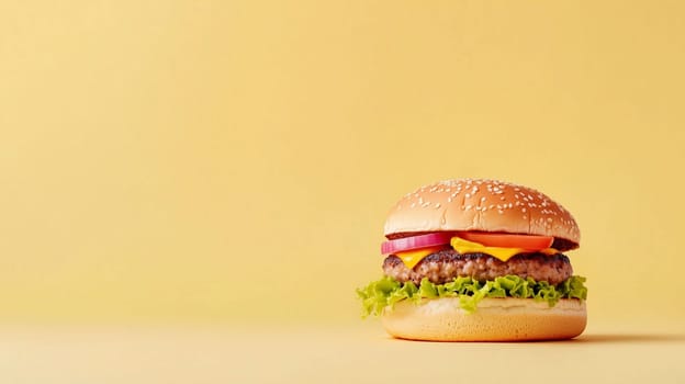 A cheeseburger sits on a smooth surface, featuring a sesame seed bun filled with a juicy beef patty, fresh lettuce, and colorful cheese slices, all set against a bright backdrop.