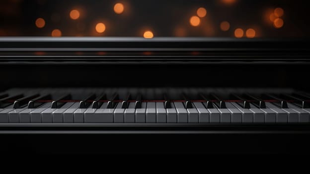 Close-up of piano keys with bokeh lights. Musical instrument and ambiance concept.