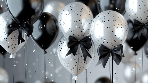 Black and white balloons with polka dots and ribbons, festive celebration concept.
