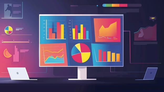 A modern computer screen shows vibrant charts and graphs used for data analysis in a digital workspace during the day.