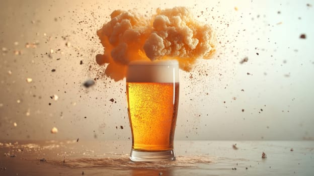 Pint of beer with explosion of foam, dramatic effect. Refreshment and creativity concept.