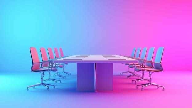 A sleek conference room features a long table surrounded by stylish chairs, illuminated with eye-catching pink and blue lights creating an inviting atmosphere for meetings.