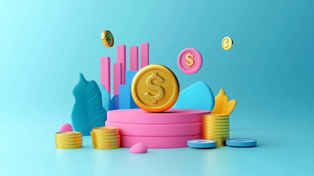 This vibrant display features various coins and financial charts, illustrating concepts of economic growth and investment in a playful manner against a bright blue backdrop.
