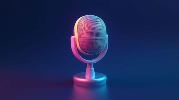 The microphone is positioned on a sleek base, displaying vibrant hues of pink and blue while casting a modern aesthetic. This setup creates an inviting atmosphere for audio recording.