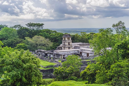 The ancient pyramids of Palenque in Mexico, surrounded by lush jungle. Iconic archaeological site showcasing Mayan culture and history. Travel, history, and adventure concept.