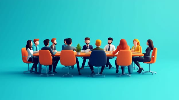 A mix of individuals sits around a circular table, actively discussing strategies. The setting features a vibrant blue background, emphasizing teamwork and collaboration among diverse professionals.
