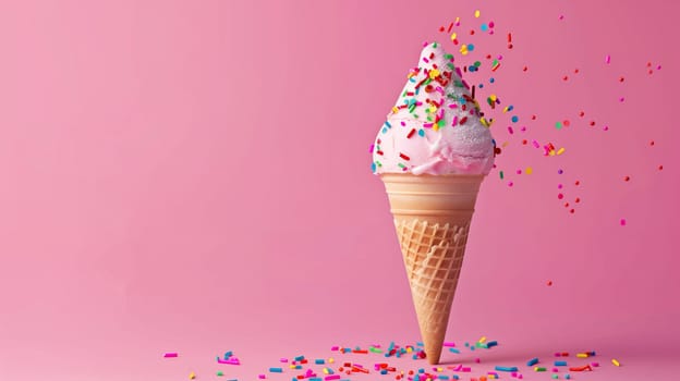 A delightful ice cream cone topped with pink and white swirls of creamy goodness is adorned with colorful sprinkles. As sprinkles cascade around the cone, the vibrant pink backdrop enhances the cheerful vibe, creating a fun and inviting atmosphere perfect for summer treats.