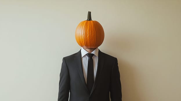 Man in suit with pumpkin head against plain background, surreal concept.