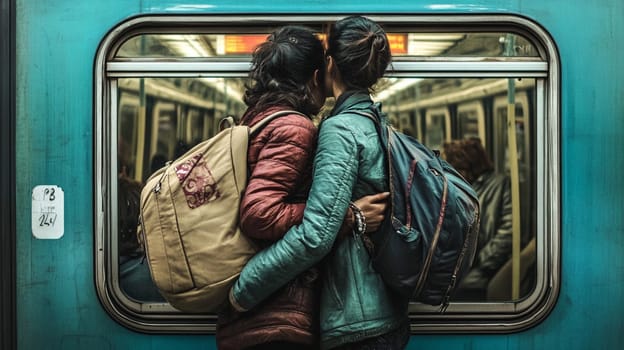 Two female tourists with backpacks are hugging and waiting for a train at the station