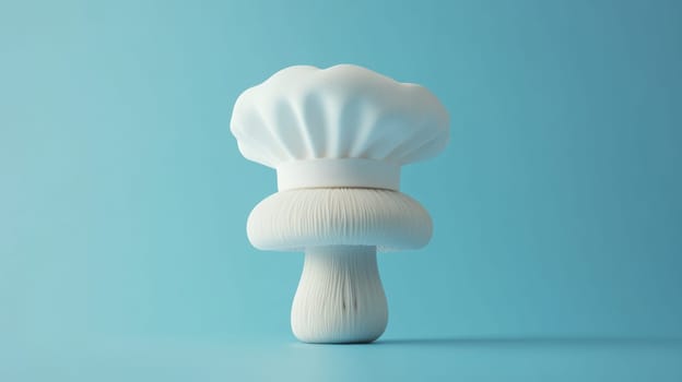 Mushroom wearing a chef hat on blue background, creative culinary concept.