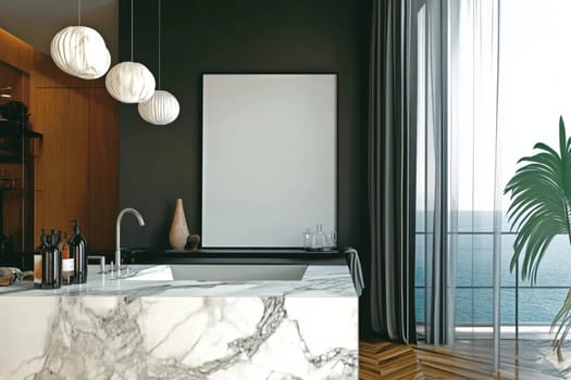 Modern minimalist kitchen with a large marble island, stylish pendant lights, and a blank canvas on the wall, overlooking a serene ocean view, exuding luxury and tranquility