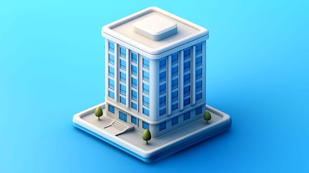 A detailed 3D representation of a contemporary office building featuring multiple floors, stairs, and small trees in front. The scene is set against a solid blue backdrop.