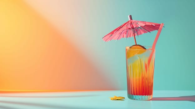 A vibrant cocktail sits on a pastel-colored surface, showcasing bright hues of orange, yellow, and blue. The drink is garnished with an umbrella and a slice of citrus, reflecting a cheerful summer vibe.