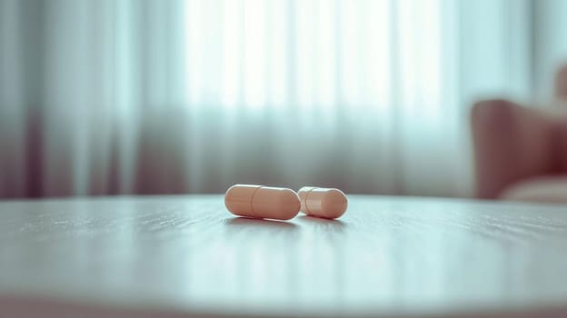 Two pills are lying on a tabletop, providing a sense of sterile simplicity with the out of focus window and curtains in the background
