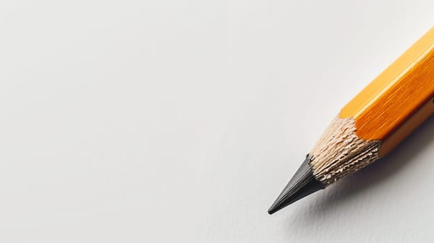 A sharp pencil tip is positioned at an angle on a smooth, white background. The fine point of the pencil is prominently visible, showcasing the precision of its craftsmanship. The contrasting colors of the wooden body and the graphite lead draw attention to the simple yet essential writing tool.