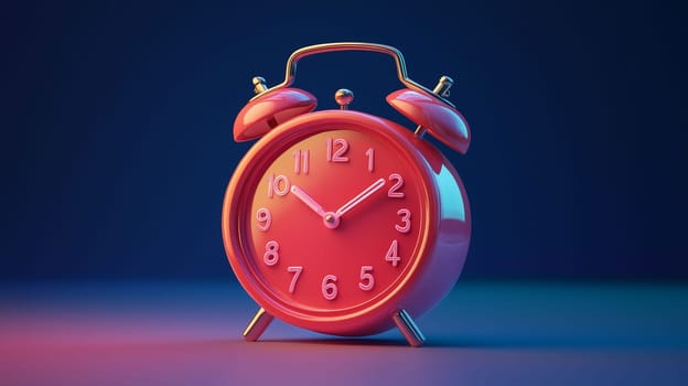 The bright pink alarm clock stands prominently with its classic bells, showcasing vivid numbers against a smooth blue backdrop during the evening hours.