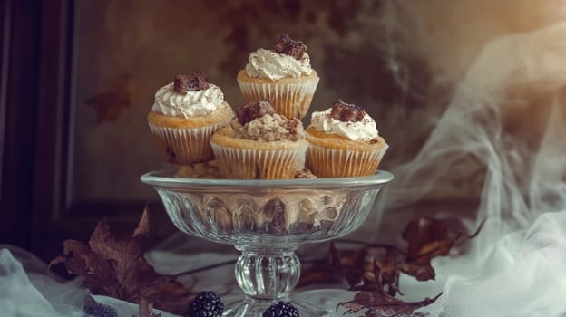 A glass bowl with five cupcakes on top of it. The cupcakes are frosted and decorated with chocolate chips. The bowl is placed on a table with leaves and a white cloth. Scene is cozy and inviting