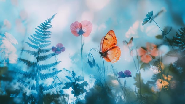 Butterfly resting among wildflowers under a soft blue sky, dreamy nature scene. Serenity and tranquility concept.