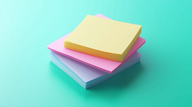 Brightly colored sticky notes in yellow, pink, and blue are neatly stacked on a vibrant turquoise background, ideal for organizing thoughts and reminders in a creative workspace.