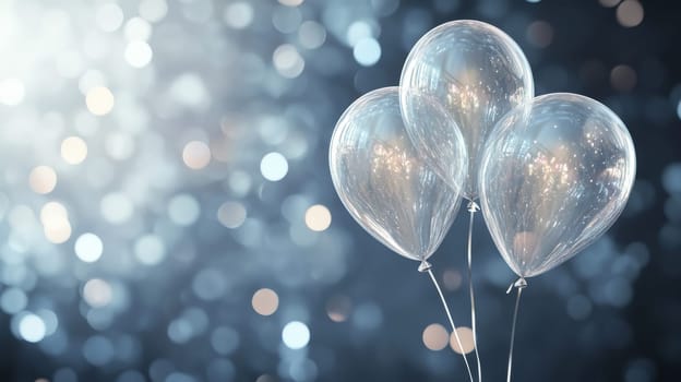 Three silver balloons against bokeh background, festive celebration concept.
